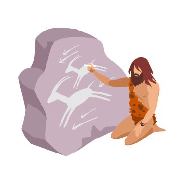 Boş arkaplan çizimi üzerinde tarih öncesi insan karakteriyle taş devri izometrik bileşimi