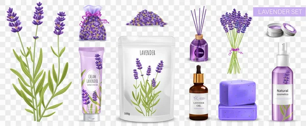 Realistiska Lavendel Produkter Ikoner Som Transparent Bakgrund Isolerad Vektor Illustration — Stock vektor