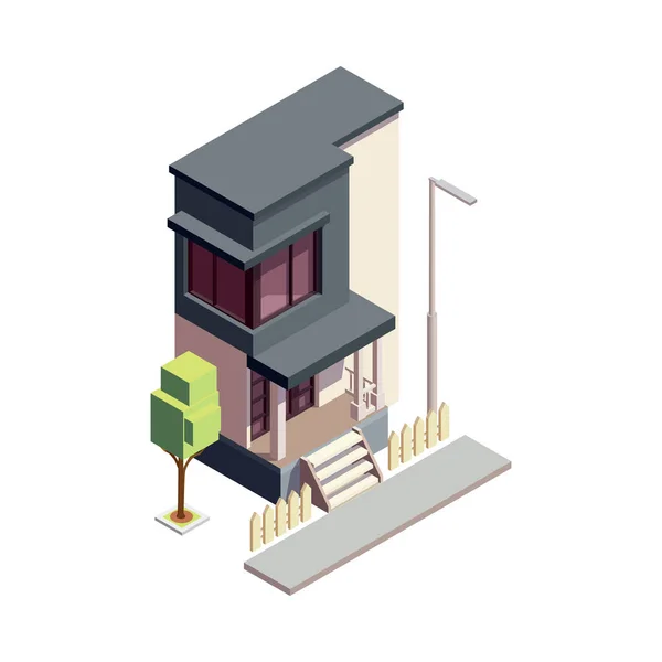 Bâtiment Maison Ville Composition Isométrique Avec Bâtiment Coloré Isolé Avec — Image vectorielle