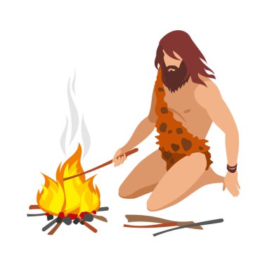 Boş arkaplan çizimi üzerinde tarih öncesi insan karakteriyle taş devri izometrik bileşimi