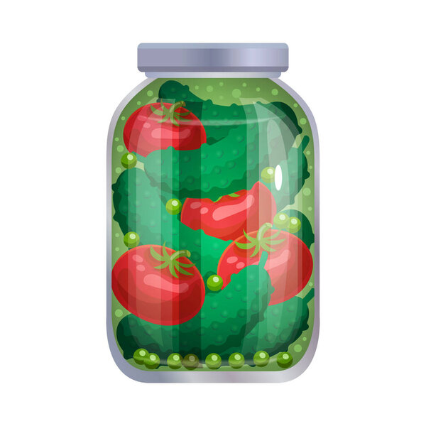 Pickles composition with isolated image of mason jar filled with marinated vegetables on blank background vector illustration