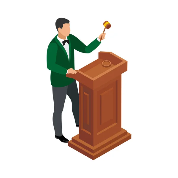 Auction Isometric Composition Isolated Human Character Auctioneer Blank Background Vector — Stock Vector