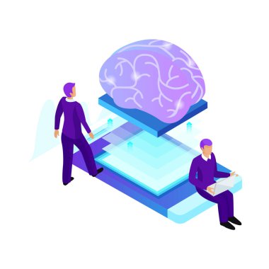 Yapay zeka izometrik kompozisyonu. Elektronik cihazlar ve iş adamları illüstrasyonuyla beynin izole edilmiş ai parıltısı görüntüsü.