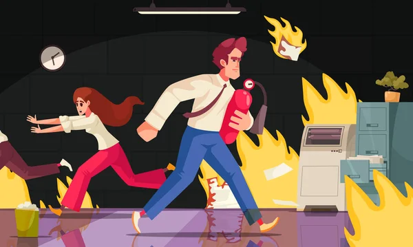 Evakuierung Cartoon Poster Mit Büroangestellten Entkommen Feuer Vektor Illustration — Stockvektor