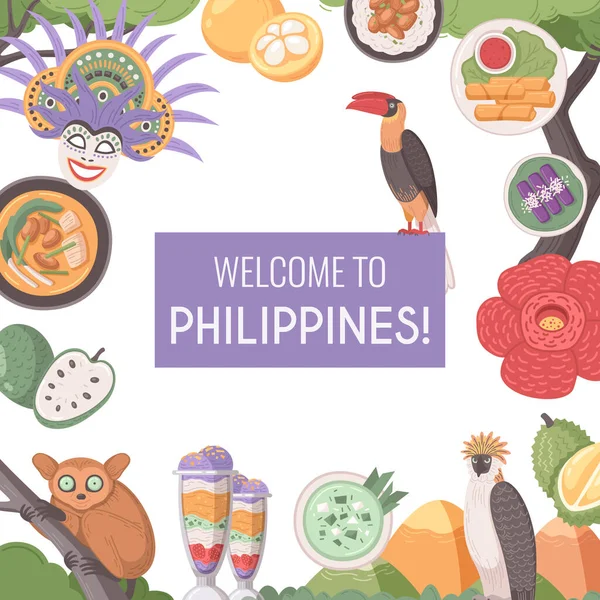 Philippines travel cartoon concept with touristic attraction and local food vector illustration