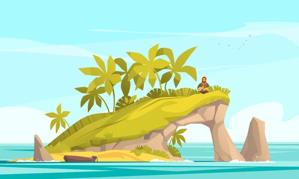 Dibujos Animados Isla Tropical Con Hombre Solitario Ilustración Vector Piedra — Vector de stock