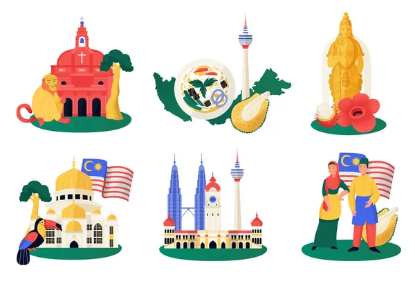 Malajsie Cestovní Skladby Plochý Soubor Turistickými Atrakcemi Kulturní Symboly Izolované — Stockový vektor
