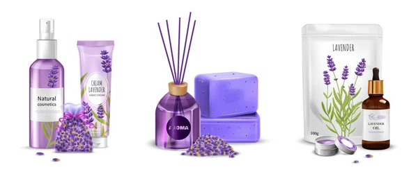 Realistiska Lavendelkompositioner Som Med Kosmetiska Produkter Och Tvål Isolerad Vektor — Stock vektor