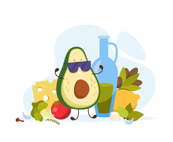 Cartoon Avocado Flat Composition Character Fruit Wearing Sunglasses Cheese Lemon — Stock Vector