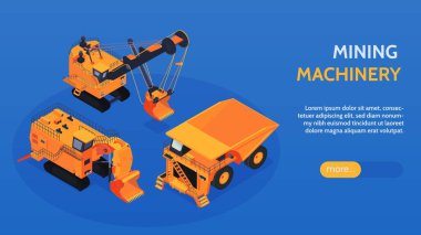 Üzerinde tıklanabilir daha fazla düğme düzenlenebilir metin ve ağır sarı buldozerlerin vektör illüstrasyonunun görüntüleri olan Isometric madencilik yatay afişi