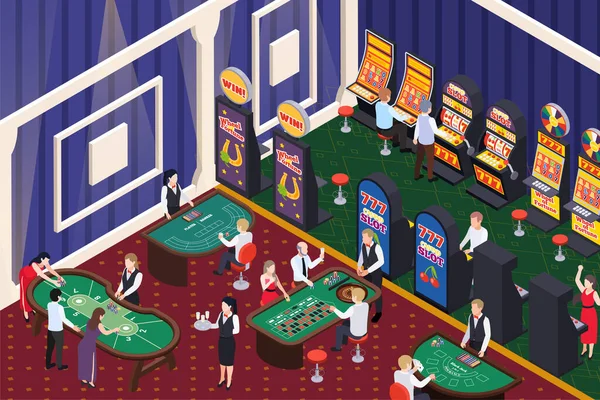 Kumarhane Eşölçülü Kompozisyonu Oyun Masalarında Garson Satıcılar Oyuncu Slot Makineleri — Stok Vektör