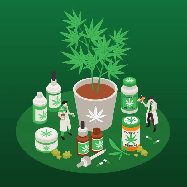 Cannabis Medicinal Composición Verde Isométrica Los Cannabinoides Medicamentos Para Tratamiento — Vector de stock
