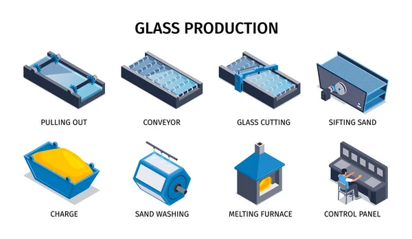 Glass Production Isometric Icons Depicting Washing Sifting Sand Melting Furnace — Stock Vector