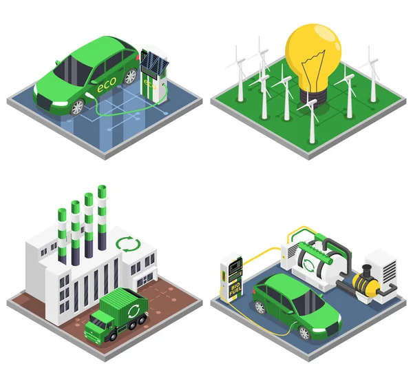 生物燃料沼气生产等距成套四个分离组合 附有石油加工设施和绿色汽车病媒说明 — 图库矢量图片