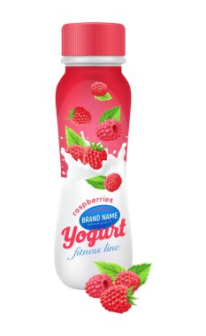 Gerçekçi içilebilir ahududu yoğurt şişesi ambalaj tasarımı vektör çizimi