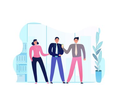 Ofis vektör illüstrasyonunda kahve ile ilgili sorunları tartışan insanlarla iş toplantısı düz kompozisyonu