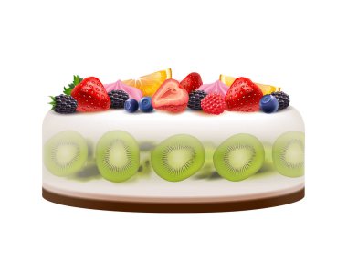 Taze meyve ve böğürtlenlerle süslenmiş lezzetli bir pasta.