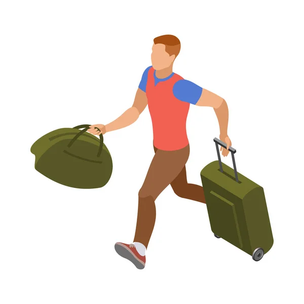 Viaggiatore Maschio Fretta Con Bagagli Isometrico Vettoriale Illustrazione — Vettoriale Stock