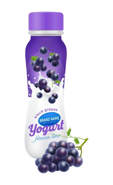 Yogurt Bevibile Con Uva Nera Disegno Realistico Bottiglia Modello Vettoriale — Vettoriale Stock