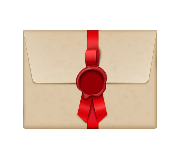 Envelope Vintage Com Selo Cera Fita Vermelha Ilustração Vetorial Realista — Vetor de Stock