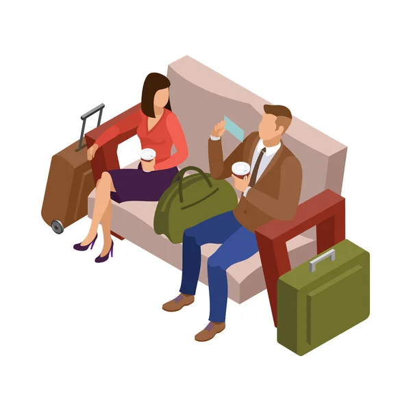 Passagerare Med Bagage Väntar Loungen Med Kaffe Isometrisk Vektor Illustration — Stock vektor