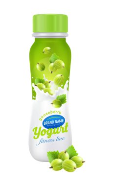 Renkli gerçekçi içilebilir bektaşi üzümlü yoğurt ambalajı tasarımı vektör çizimi