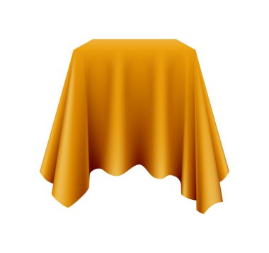 Gösterim için altın ipek kumaş kaplı nesne gerçekçi vektör illüstrasyonunu göster