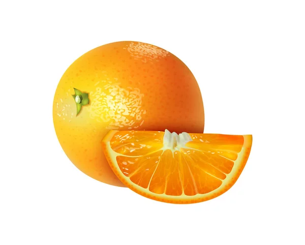 Realista Todo Fresco Sin Pelar Naranja Con Ilustración Vectorial Rebanada — Vector de stock