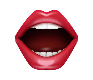 Beyaz dişli, ağzı açık bir kadın ve kırmızı dudaklı gerçekçi bir vektör çizimi.