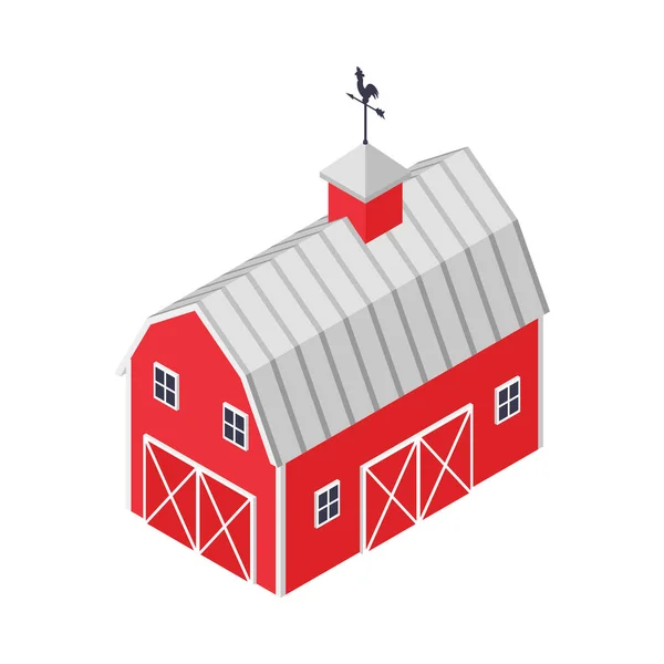 Isometric Red Farm Building Weathercock Vector Illustration — Stock Vector