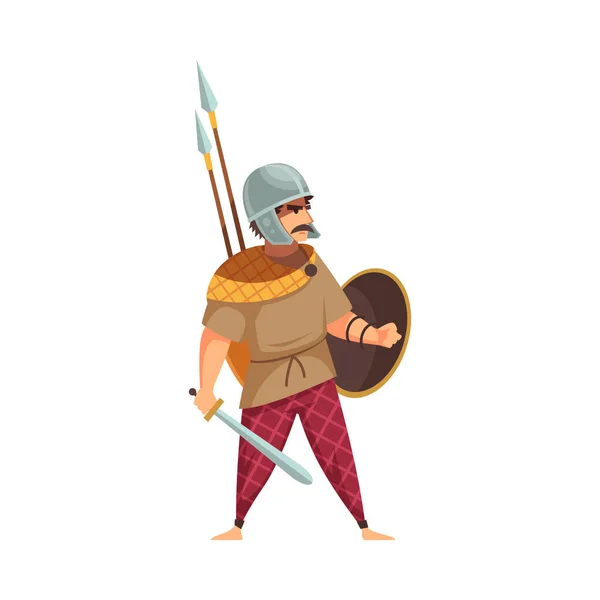 Kılıç Mızraklı Kalkan Düz Vektör Çizimli Eski Bir Savaşçı — Stok Vektör