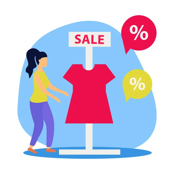 女性の顧客との偉大な販売の概念とTシャツフラットベクトルイラスト — ストックベクタ