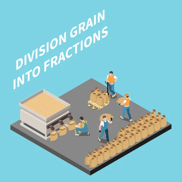 Wheat Grain Industry Isometric Background Depicting Workers Characters Involved Division — Stockvektor