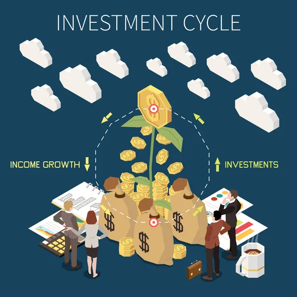 Crowdfunding Fundraising Isometric Concept Money Investment Cycle Vector Illustration — Archivo Imágenes Vectoriales