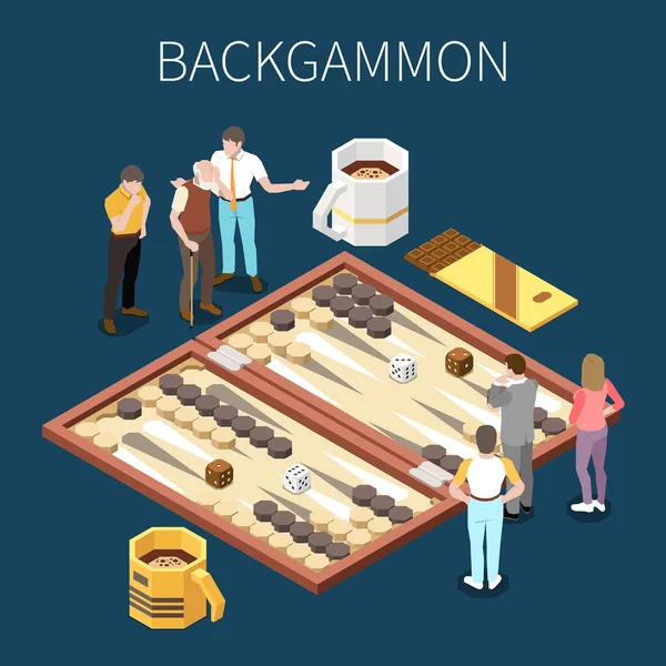 Indoor Table Games Isometric Concept People Backgammon Desk Vector Illustration — Stock Vector