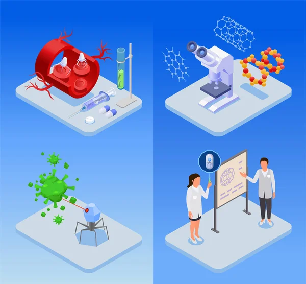 Isometric Nanotechnology Nanomedicine Set Nanorobots Being Used Diseases Treatment Characters — Wektor stockowy