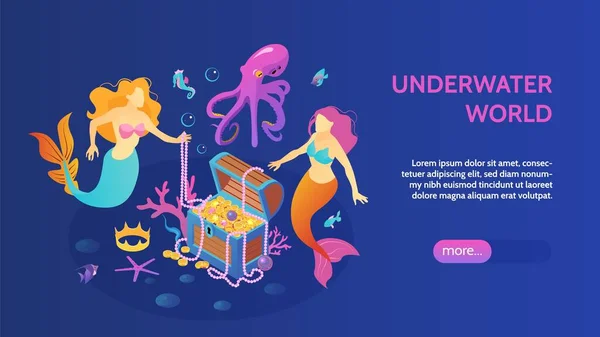 Isometric Underwater World Horizontal Banner Editable Text More Button Images — Vector de stock