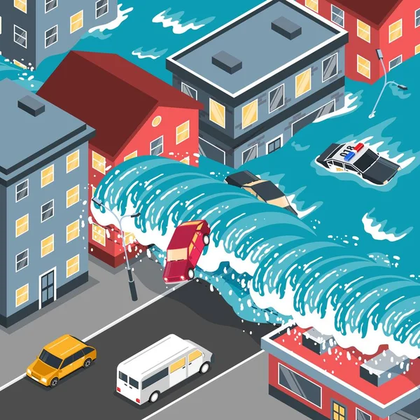 Natural Disaster Tsunami Hitting City View Flooded Streets Isometric Vector — Image vectorielle