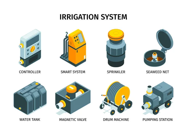 Irrigation Systems Isometric Icons Caption Including Controller Drum Machine Pumping — Διανυσματικό Αρχείο