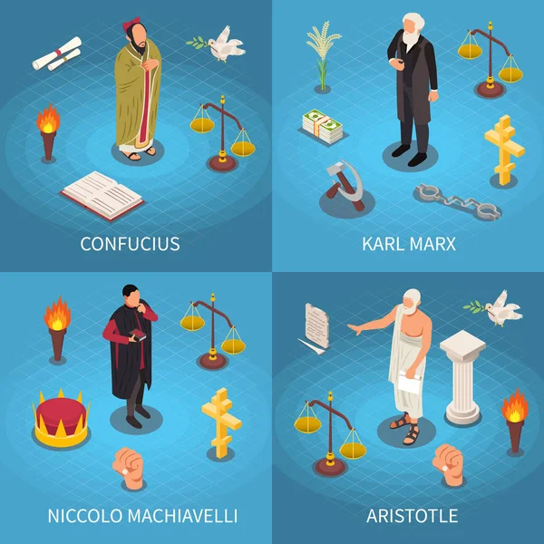 4人の有名な哲学者によって構成されており 人間のキャラクターであるコンフキウス マルクス マキャヴェリとアリストテレスのベクトル図が描かれている — ストックベクタ