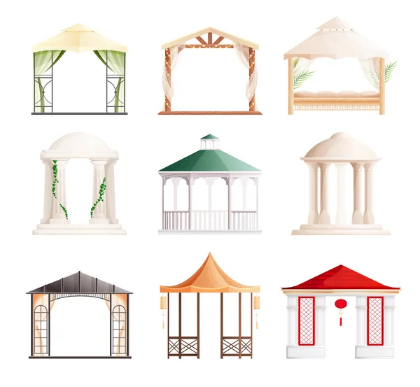 Gazebo Various Styles Gardens Parks Flat Set Isolated Vector Illustration — Archivo Imágenes Vectoriales