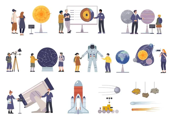 Planetarium Flat Set Isolated Icons Compositions Visitor Characters Telescopes Museum — Image vectorielle