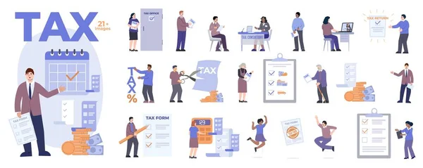 Tax People Flat Set Compositions Isolated Icons Human Characters Money — Stockový vektor