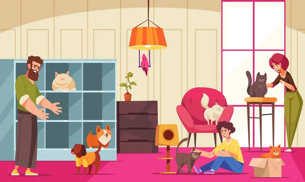 Pet Hotel Cartoon Poster Cats Dogs Indoors Vector Illustration — Stockvektor