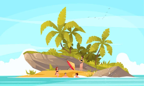 Tropical Island Cartoon Concept People Lonely Beach Vector Illustration — Stok Vektör