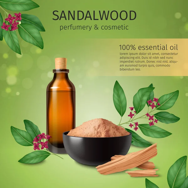 Sandalwood Perfumery Cosmetic Realistic Poster Sandal Products Decorated Tree Branches — 图库矢量图片