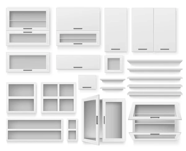 Furniture Elements Realistic Set Various White Cupboards Shelves Cabinets Isolated — Vettoriale Stock