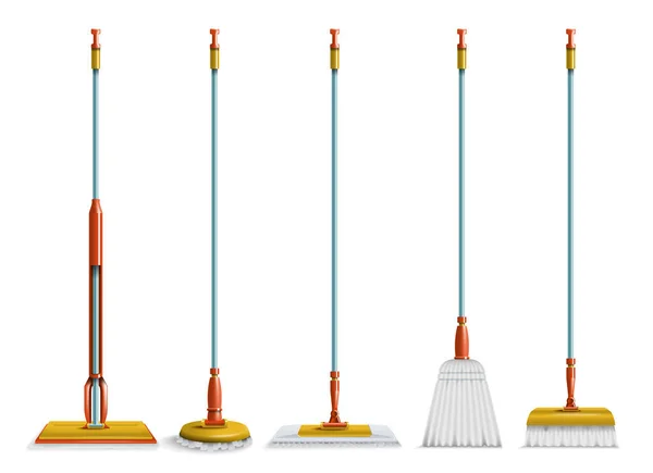 Realistic Cleaning Mop Brush Set Isolated Front View Images Janitorial — 图库矢量图片