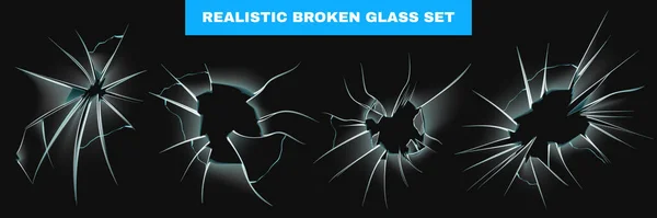 Realistic Broken Glass Set Black Background Images Glass Holes Fissures — стоковый вектор