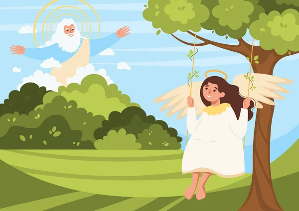 Paradise Bible Flat Composition Outdoor View Angel Swing God Character — Stock Vector